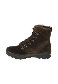 Botas de tobillo de ante marrón con forro de faux pelaje, que cuentan con ojales de metal, cierre de cordones en la parte delantera y suela de goma texturizada para mayor tracción.
