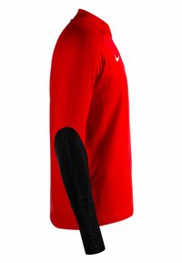 Rode lange mouw shirt met ronde hals, voorzien van een zwarte patroonsleeve. Gemaakt van glad, lichtgewicht materiaal. Nike-logo in het wit.