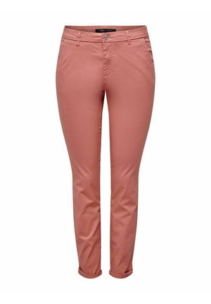 Pantalon femme slim ajusté longueur cheville de couleur rose pâle avec revers roulés, bouton frontal, fermeture éclair et poches latérales.