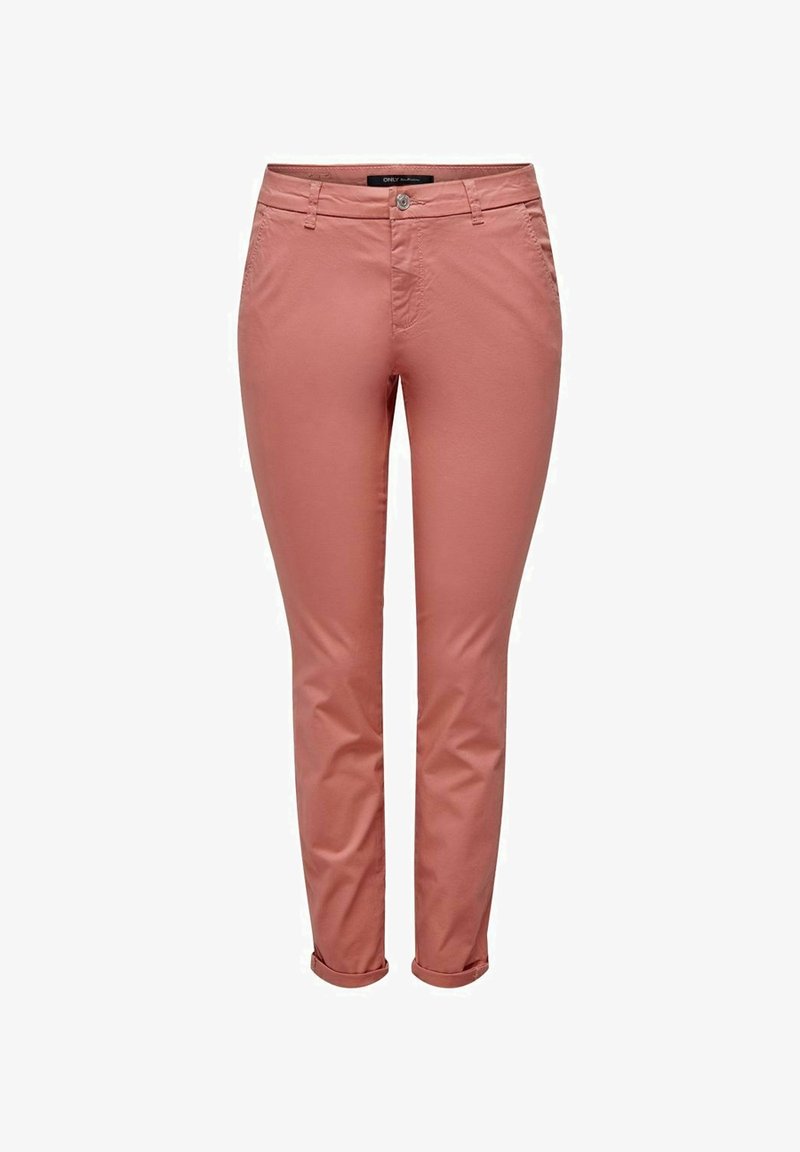 Pantalon femme slim ajusté longueur cheville de couleur rose pâle avec revers roulés, bouton frontal, fermeture éclair et poches latérales.