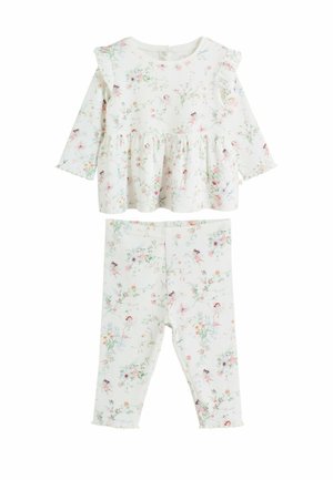 Set floral imprimat din două piese, format dintr-un top cu mâneci lungi și detalii cu volane și colanți asortați, ambele dintr-un material moale de culoare albă.