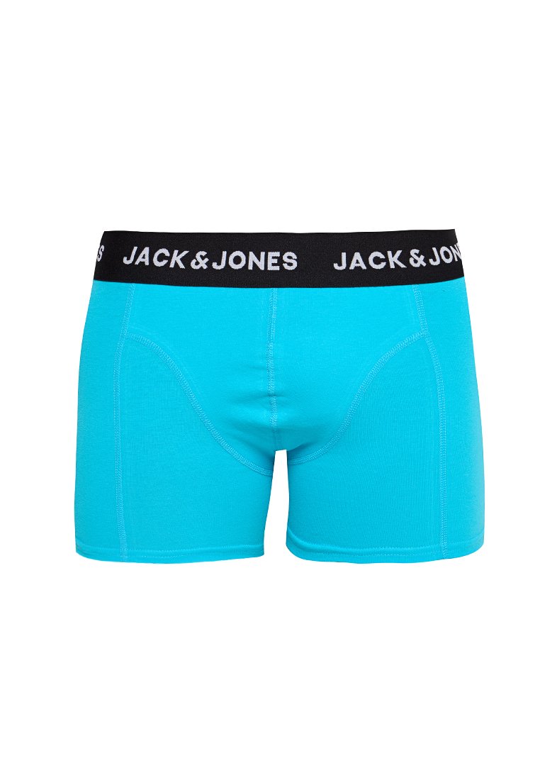 Boxers cortos turquesa de algodón con una cinturilla elástica negra que presenta el logo en blanco "JACK & JONES" y detalles de costura sutil.
