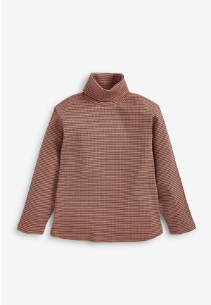 Brun og sort ternet langærmet rullekrave top med løs pasform, vist fladt på en hvid baggrund.