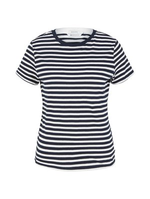 Navy and white striped t-shirt made of organic cotton, featuring a round neckline and short sleeves, with a straight hem at the bottom.