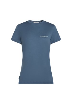 Blaues T-Shirt mit kurzen Ärmeln und Rundhalsausschnitt, mit dem "icebreaker"-Logo auf der linken Brust, aus leichtem Stoff gefertigt.