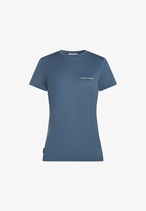 Blaues T-Shirt mit kurzen Ärmeln und Rundhalsausschnitt, mit dem "icebreaker"-Logo auf der linken Brust, aus leichtem Stoff gefertigt.