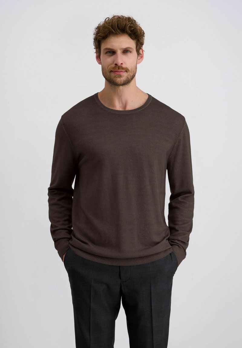 Brauner, langärmliger Rundhalsausschnitt-Pullover aus einem weichen Material, mit glatter Textur und gerippten Bündchen, kombiniert mit grauen Karohosen.
