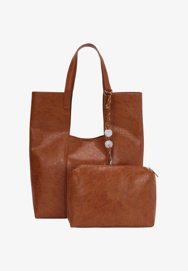 Borsa tote in finta pelle marrone con una texture liscia, dotata di due manici e una pochette rimovibile con zip e dettagli in perline.