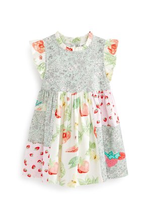 Tøj til småbørn med blandede blomster- og jordbærmønstre, flagrende ærmer og en flæset halsudskæring i pastelfarver.