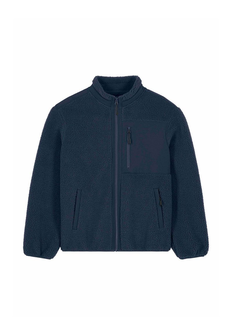 Veste en polaire bleu marine avec fermeture éclair intégrale à l'avant, col montant, poche poitrine zippée et deux poches latérales avec poignets élastiques.