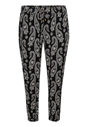 Black tapered pants with white intricate paisley-style patterns and a drawstring waist.