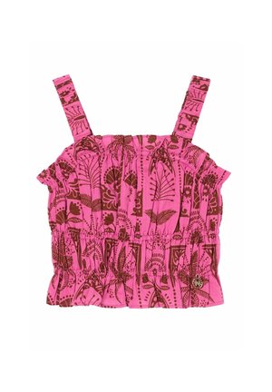 Ružový crop top so širokými ramienkami, hnedým botanickým vzorom a nazbieranými elastickými časťami na hornej, strednej a spodnej hrane.
