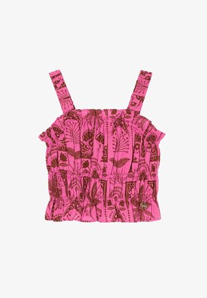 Pink crop top med brede stropper, brun botanisk print og samlet elastiske sektioner i top, midte og bundkant.