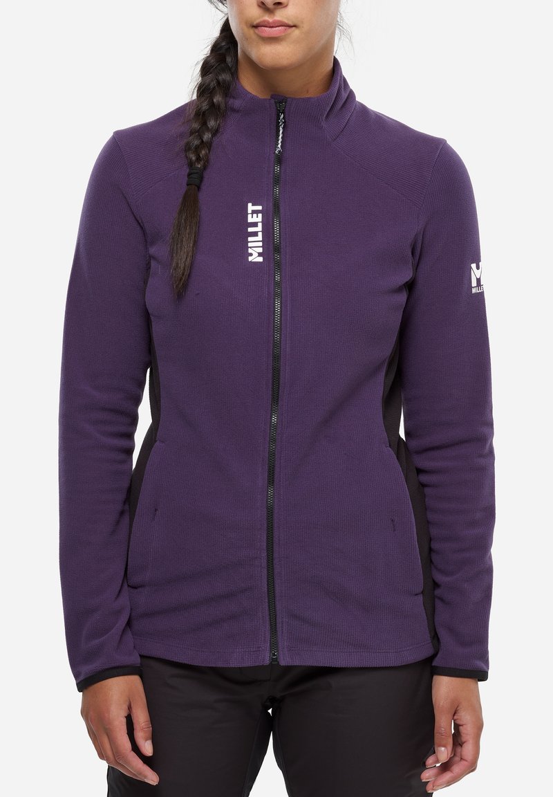 Purple fleece jacket with a high collar, front zipper, and black side panels; features white logo on the chest and shoulder.