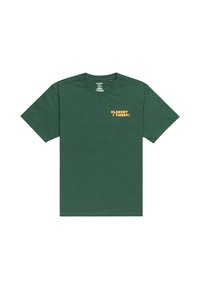 Green cotton t-shirt with a crew neckline. Features a yellow printed logo "ELEMENT & TIMBER" on the left chest. Short sleeves.