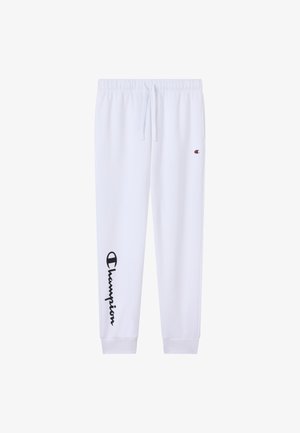 Witte joggingbroek van een katoenmengsel, met een zwart 'Champion' logo langs het linkerbeen en een verstelbare tailleband met koord.