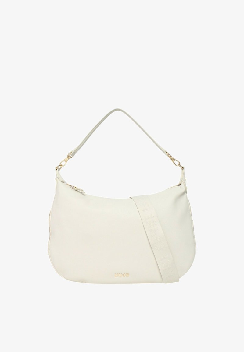 Sac à main en cuir blanc avec une forme courbée, doté d'une bandoulière amovible et de quincailleries en ton doré. Détail du logo embossé à l'avant.