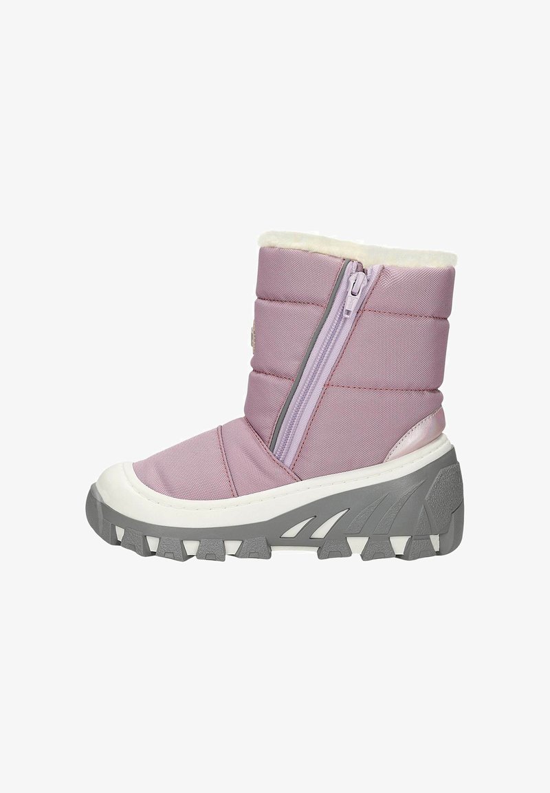 Kinder-Mauve-Winterstiefel mit seitlichem Reißverschluss, gepolsterter Oberkante, weißem Kunstfellfutter und dicker grauer profiliertem Sohle.