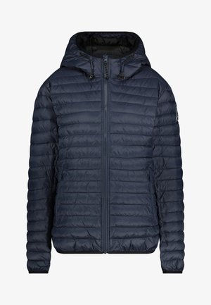 Marineblå dunjakke med hætte, forsynet med lynlås foran, sidelommer, elastiske manchetter og vandret quiltet mønster.