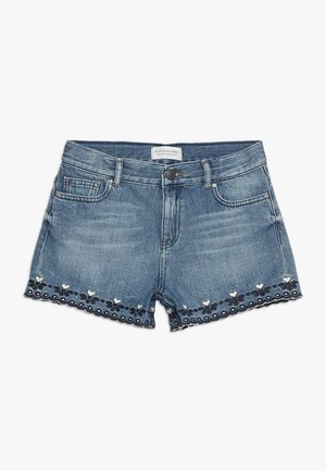 Denim shorts met voor- en achterzakken, knoop- en ritsluiting, en geschulpte bloemrijke borduursels langs de onderranden.