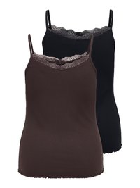 Divas ribotas krekliņus ar mežģīņu apmalēm, viens melns un viens tumši brūns, ar plānām plecu lencītēm un nedaudz viļņotu apakšmalu.