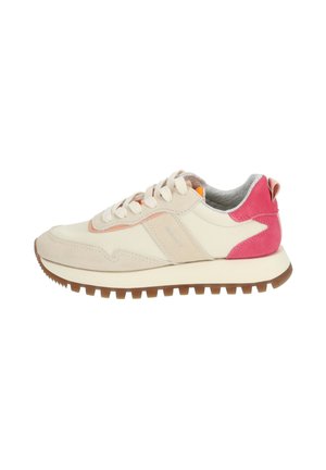 Beige and pink athletic shoe with suede and leather materials, contrasting accents, lace-up design, thick rubber sole, and textured tread.