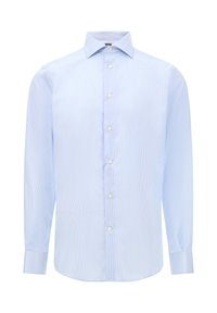 Gaiši zils garām piedurknēm krekls ar plāniem baltiem svītrainiem, pogām uz leju, priekšējo atloku ar baltām pogām un pieguļošiem aprocēm.