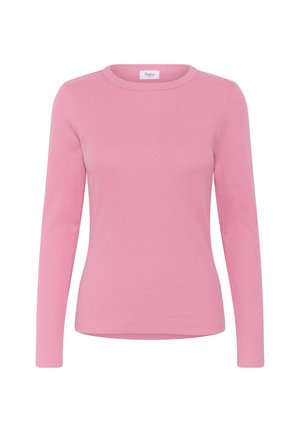 Koszula z długim rękawem wykonana z prążkowanej tkaniny, w delikatnym różowym kolorze, z okrągłym dekoltem i dopasowanym krojem. Bez widocznych wzorów ani akcentów.