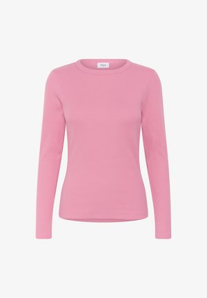 Garām piedurknēm krekls no ribotās auduma, maigi rozā krāsā, ar apaļu izgriezumu un piegulošu siluetu. Nav redzamu rakstu vai akcentu.