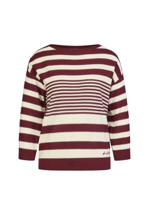 Long-sleeve sweater with wide horizontal beige and maroon stripes and a ribbed hem, featuring a small logo near the bottom right.