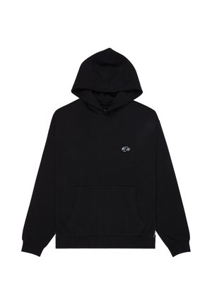 Zwarte katoenen trui met een voorzak, lange mouwen en een capuchon met trekkoord. Voorzien van een subtiel logo op de borst.