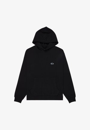 Zwarte katoenen trui met een voorzak, lange mouwen en een capuchon met trekkoord. Voorzien van een subtiel logo op de borst.