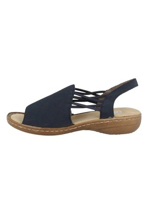 Navy blue slingback sandal with open toe, suede material, cross strap design, and a light brown slip-resistant sole. Features stitched accents.