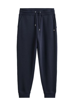 Navyblå joggingbukser med ribbet talje og manchetter, snørelukning, sidelommer og lille broderet logo på øvre lår.