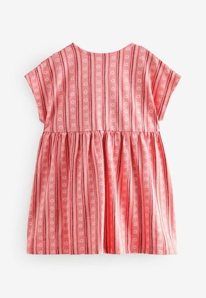 Rochie roz cu mâneci scurte, cu dungi verticale și mici modele florale. Material ușor cu talie strânsă.