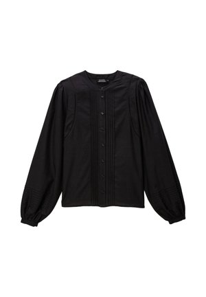 Blouse noire en coton, dotée de manches ballons longues, d'un col rond, d'une fermeture à boutons sur le devant et de plis décoratifs le long de la patte de boutonnage.