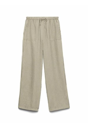 Pantalon beige à jambes larges avec fines rayures verticales noires, taille élastique avec cordon de serrage, et deux poches plaquées à l'avant.