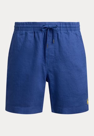 Blauwe linnen shorts met een elastische tailleband, een trekkoord en een klein geborduurd logo rechtsonder.