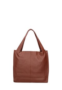 Bruine lederen tote bag met een gestructureerd oppervlak, twee stevige handvatten en een rechthoekige vorm. Heeft verticale naaddecoratie aan de voorkant.