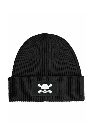 Black knitted beanie featuring a folded cuff, textured pattern, and a rectangular patch with a white skull and crossbones design.