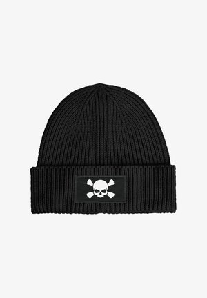 Black knitted beanie featuring a folded cuff, textured pattern, and a rectangular patch with a white skull and crossbones design.