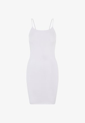 Bílé bodycon šaty s nastavitelnými ramínky, hladkým povrchem a přiléhavým střihem, navržené pro elegantní vzhled.