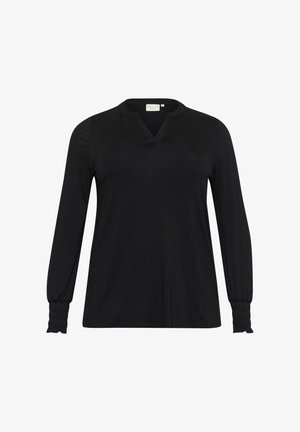 Black long-sleeve top made of soft fabric, featuring a V-neckline and gathered cuffs, with a relaxed fit and subtle stitching details.
