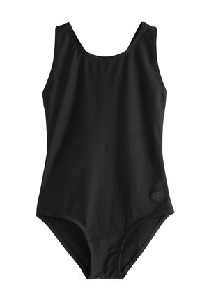Maillot de bain noir une pièce avec un col rond, des bretelles larges et une texture lisse et extensible. Présente un logo circulaire sur la hanche.