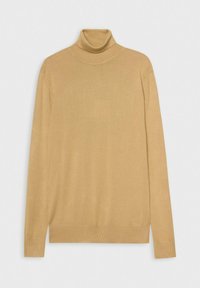 Suéter de cuello alto en beige claro, de manga larga, corte ajustado, textura de punto suave, diseño limpio, con cuello y puños acanalados, y dobladillo recto.