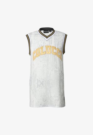 Weißes ärmelloses Mesh-Sporttrikot mit schwarzem und gelbem Rand, mit großem goldfarbenem "COLUCCI"-Schriftzug über der Brust.