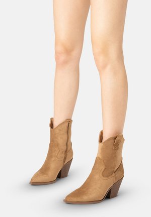 Botas estilo western de ante color marrón claro hasta media pantorrilla con tacones apilados, usadas sobre piernas desnudas frente a un fondo liso.