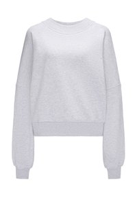 Jasnoszary, krótki sweatshirt wykonany z miękkiego materiału, z okrągłym dekoltem i długimi rękawami, posiadający ściśnięte mankiety i dół. Bez widocznych wzorów.