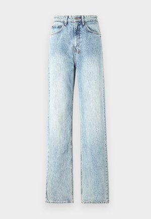 Valged sinised laiad teksad kõrge vöökohaga, millel on pleekinud kohad, kontrastne õmblus ja toores äär.