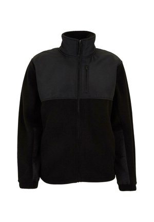 Schwarze Fleecejacke mit hohem Kragen, durchgehendem Reißverschluss, Brusttasche mit Reißverschluss sowie verstärkten Schulter- und Armpaneelen.